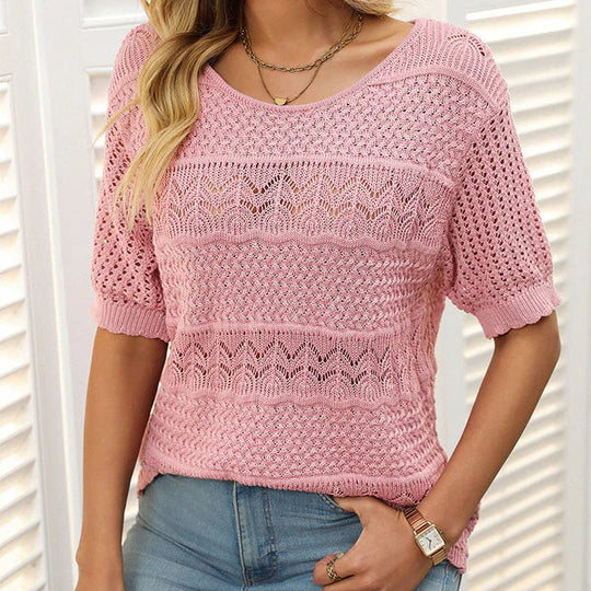 Carolina - Jersey de punto calado con cuello redondo y manga corta