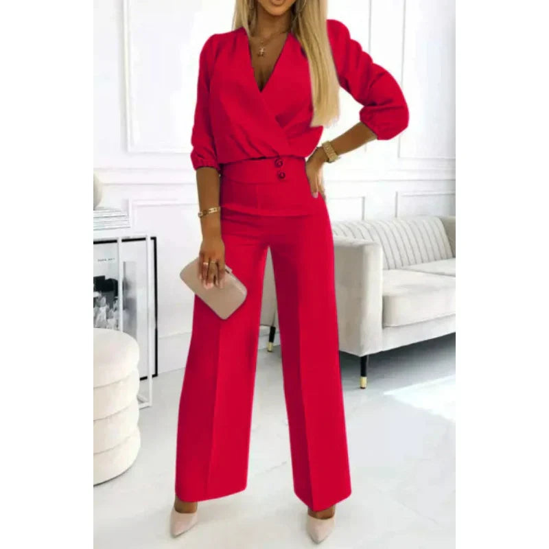 Alessa - Conjunto de top y pantalón con cuello en V