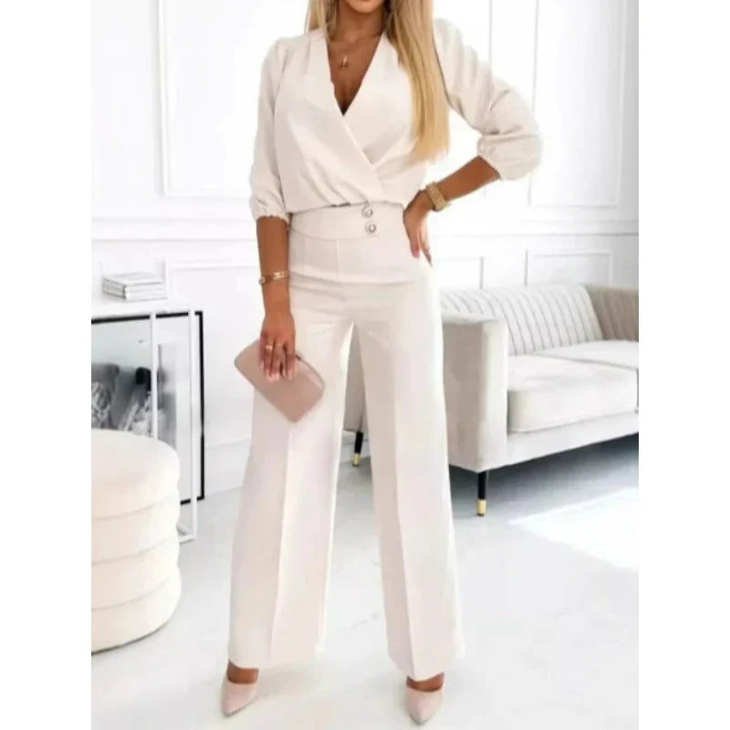 Alessa - Conjunto de top y pantalón con cuello en V