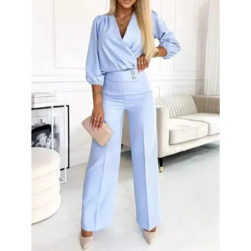 Alessa - Conjunto de top y pantalón con cuello en V