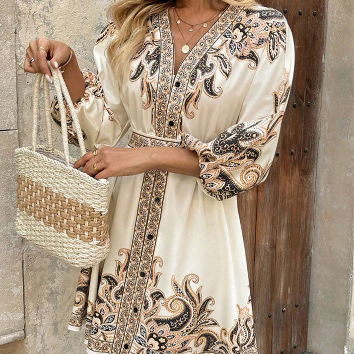 Oriana - Vestido corto estampado con escote en V y manga tres cuartos