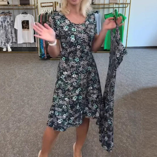 Lorena™ | Vestido de flores con manga corta y escote redondo