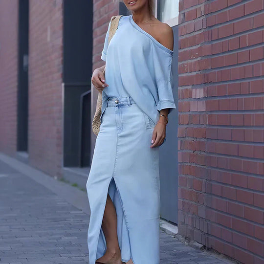 Karina - Conjunto con top diagonal y falda larga