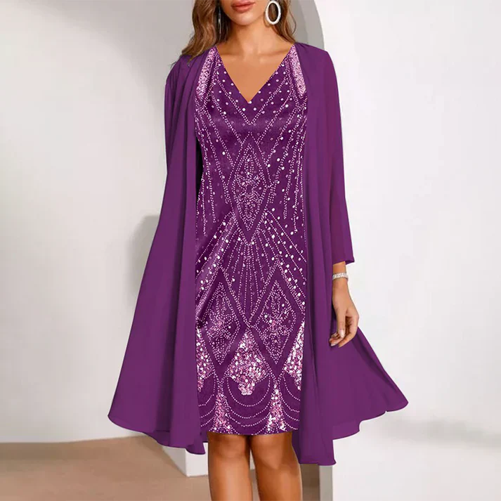 Sofía - Conjunto elegante de vestido con cuello en V y chaqueta de gasa