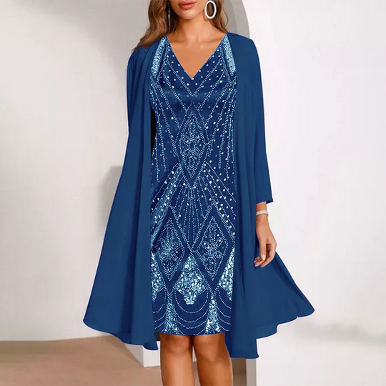 Sofía - Conjunto elegante de vestido con cuello en V y chaqueta de gasa