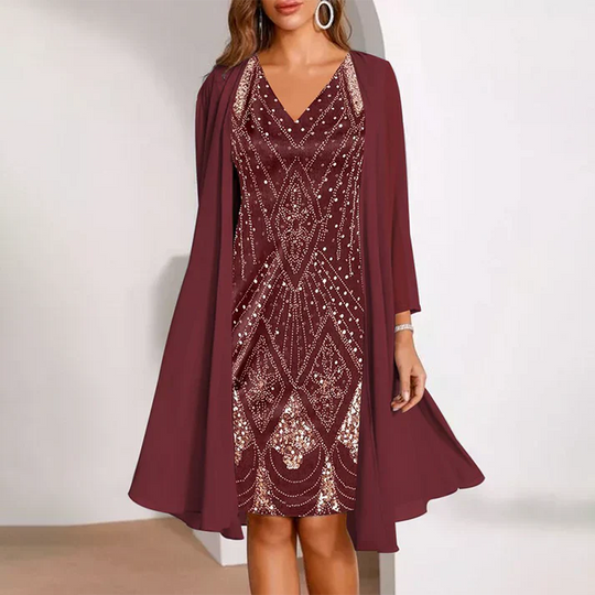 Sofía - Conjunto elegante de vestido con cuello en V y chaqueta de gasa