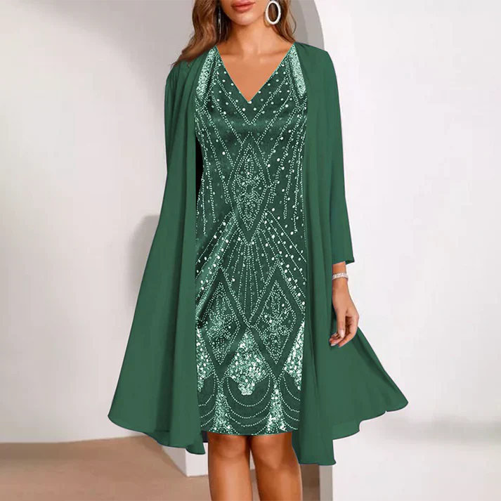 Sofía - Conjunto elegante de vestido con cuello en V y chaqueta de gasa