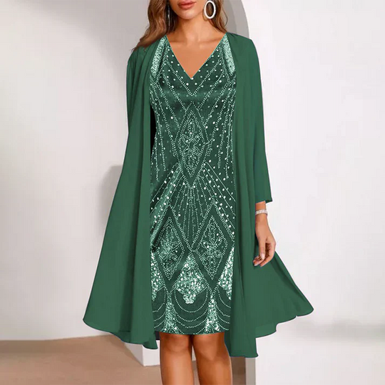 Sofía - Conjunto elegante de vestido con cuello en V y chaqueta de gasa
