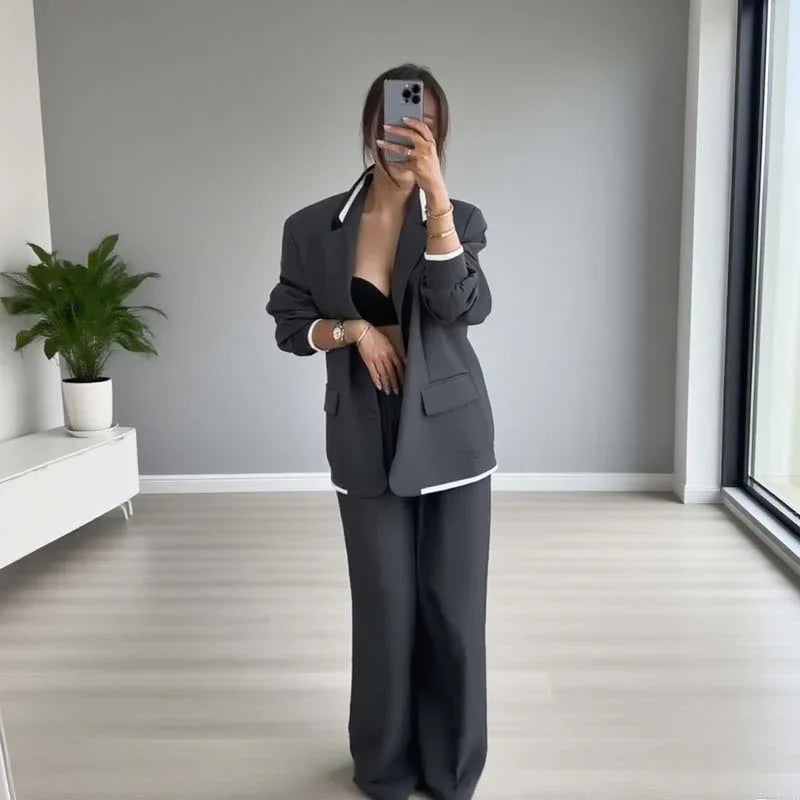 Fiorella - Conjunto de blazer y pantalón ancho