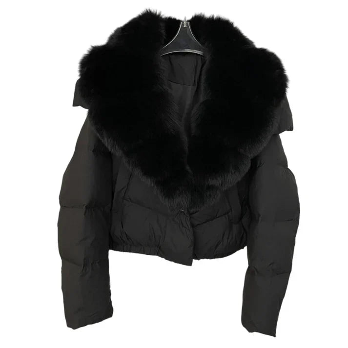 Victoria - Chaqueta corta moderna y cálida con cuello de piel sintética (relleno de plumón de pato blanco)
