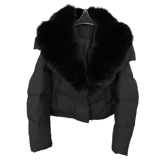 Victoria - Chaqueta corta moderna y cálida con cuello de piel sintética (relleno de plumón de pato blanco)