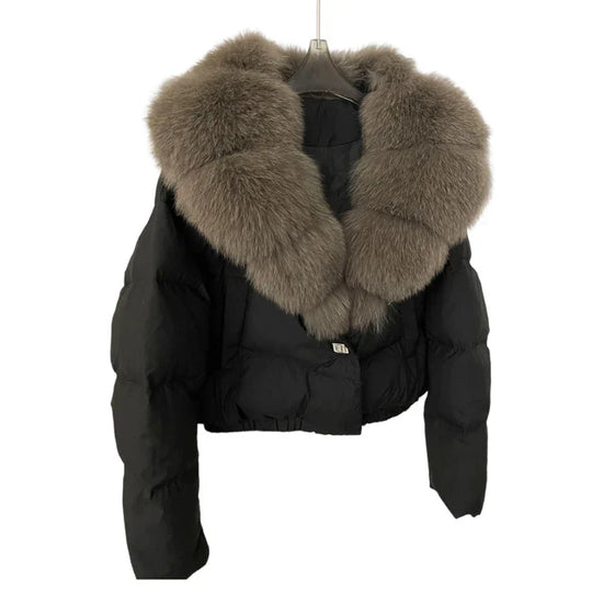 Victoria - Chaqueta corta moderna y cálida con cuello de piel sintética (relleno de plumón de pato blanco)