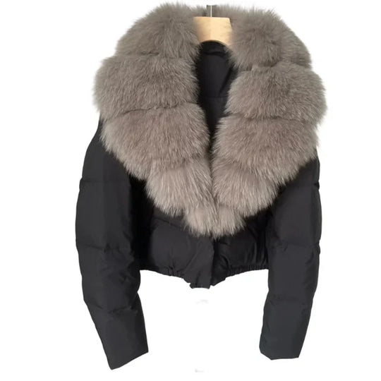 Victoria - Chaqueta corta moderna y cálida con cuello de piel sintética (relleno de plumón de pato blanco)