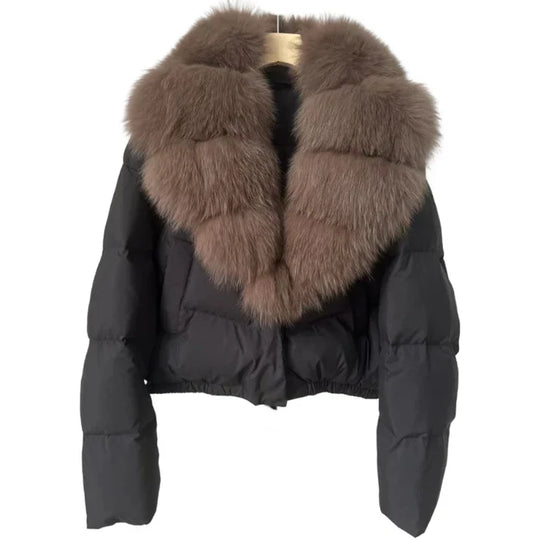 Victoria - Chaqueta corta moderna y cálida con cuello de piel sintética (relleno de plumón de pato blanco)