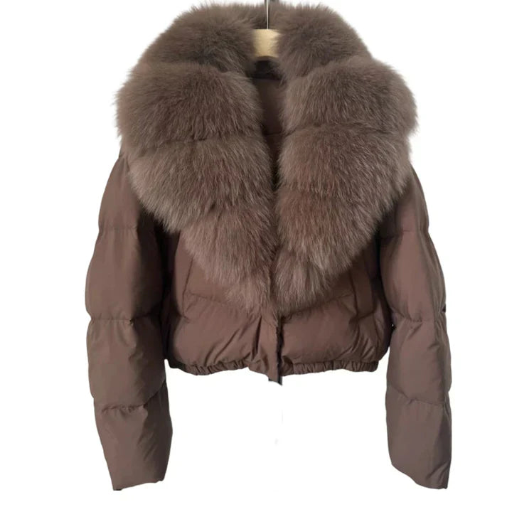 Victoria - Chaqueta corta moderna y cálida con cuello de piel sintética (relleno de plumón de pato blanco)