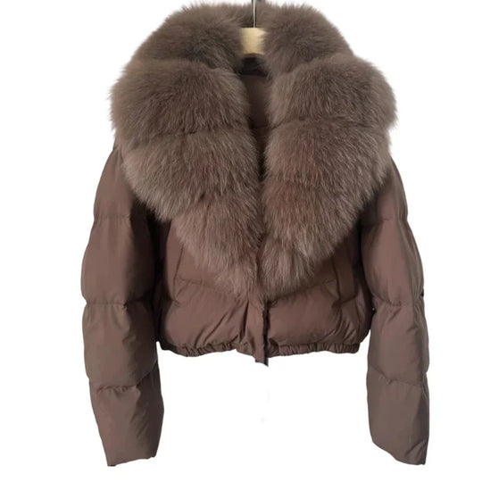 Victoria - Chaqueta corta moderna y cálida con cuello de piel sintética (relleno de plumón de pato blanco)