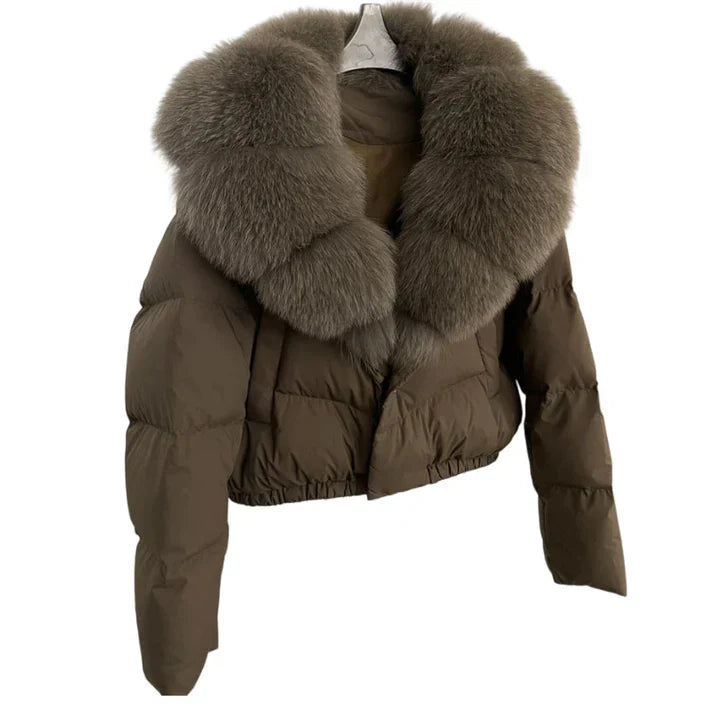 Victoria - Chaqueta corta moderna y cálida con cuello de piel sintética (relleno de plumón de pato blanco)