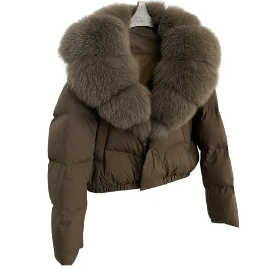 Victoria - Chaqueta corta moderna y cálida con cuello de piel sintética (relleno de plumón de pato blanco)