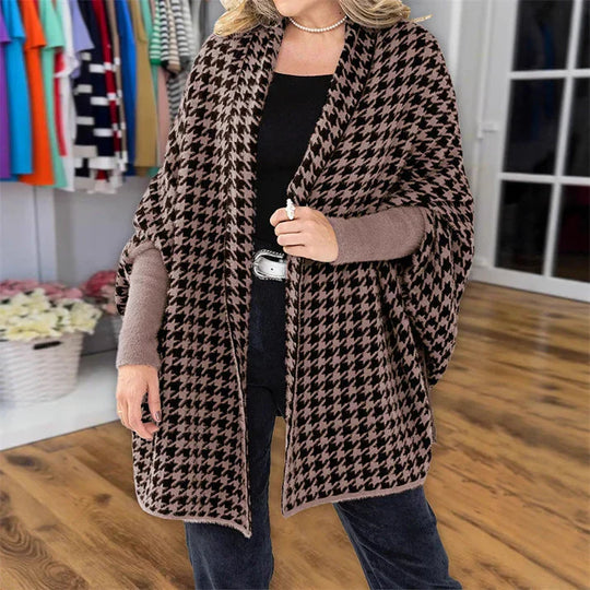 Bianca - Poncho de mujer con abertura delantera y estampado de pata de gallo