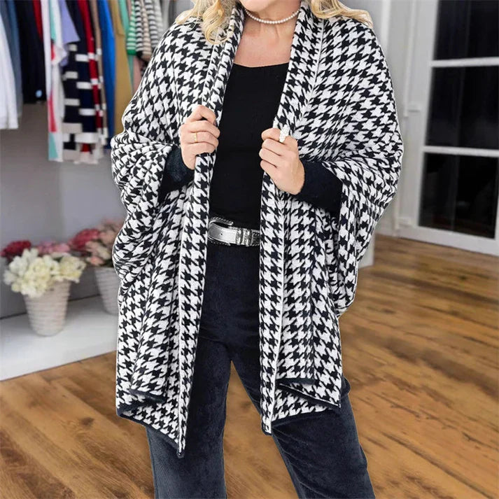 Bianca - Poncho de mujer con abertura delantera y estampado de pata de gallo