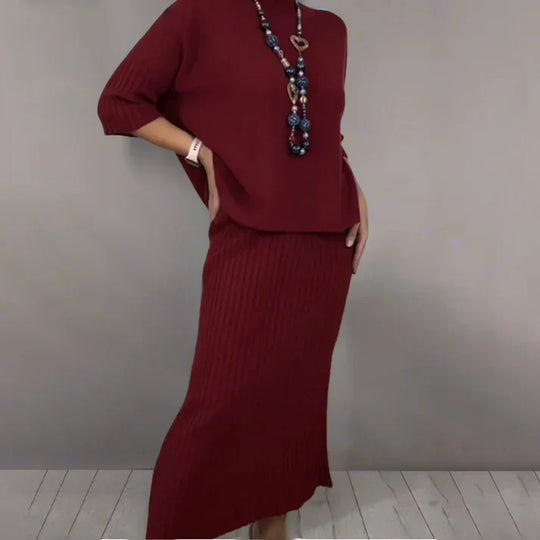Pilar – Conjunto elegante de punto con jersey y falda midi
