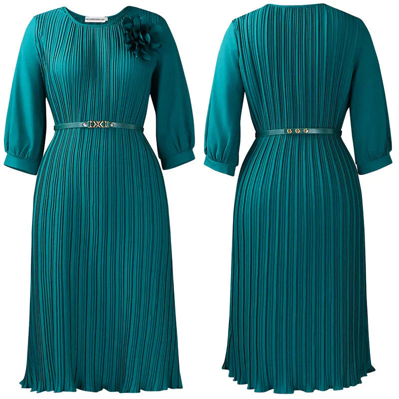 Cecilia – Vestido midi plisado con mangas 3/4 y cinturón