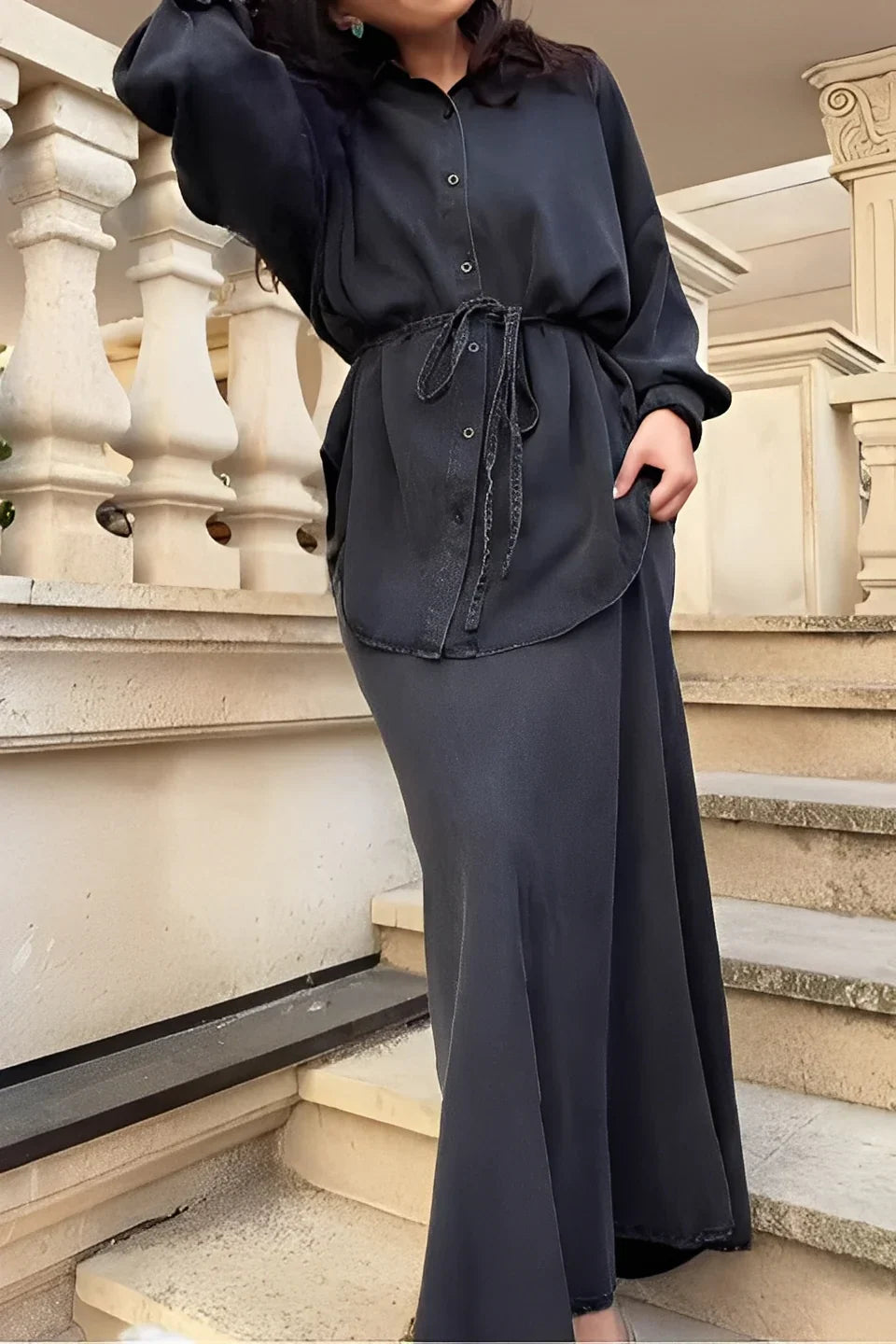 Gloria - Conjunto de camisa y falda de manga larga con cordón ajustable